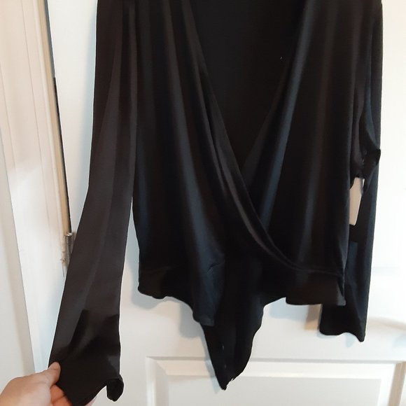 BLACK TAPE Women's Black Stretch Faux Wrap Style Long Sleeve Bodysuit - Picture 5 of 11